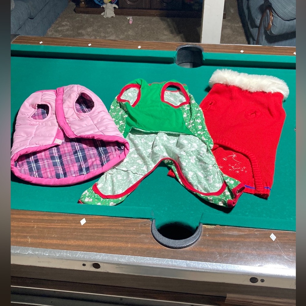 Dog vest (reversible) & christmss sweater & pajamas.  These fit my cavalier king